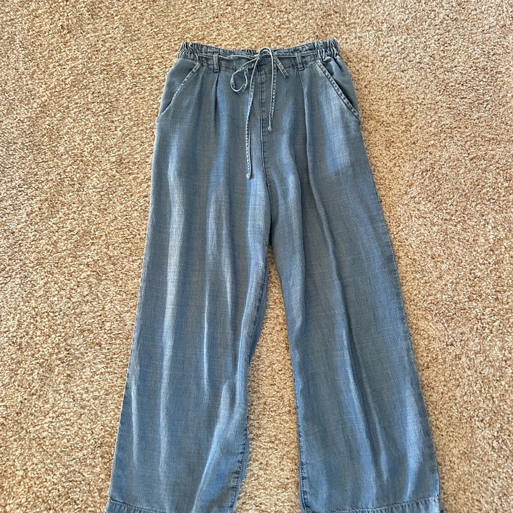 American Eagle Flowy Casual Blue Jean Wide-Leg Pants with Tie 0